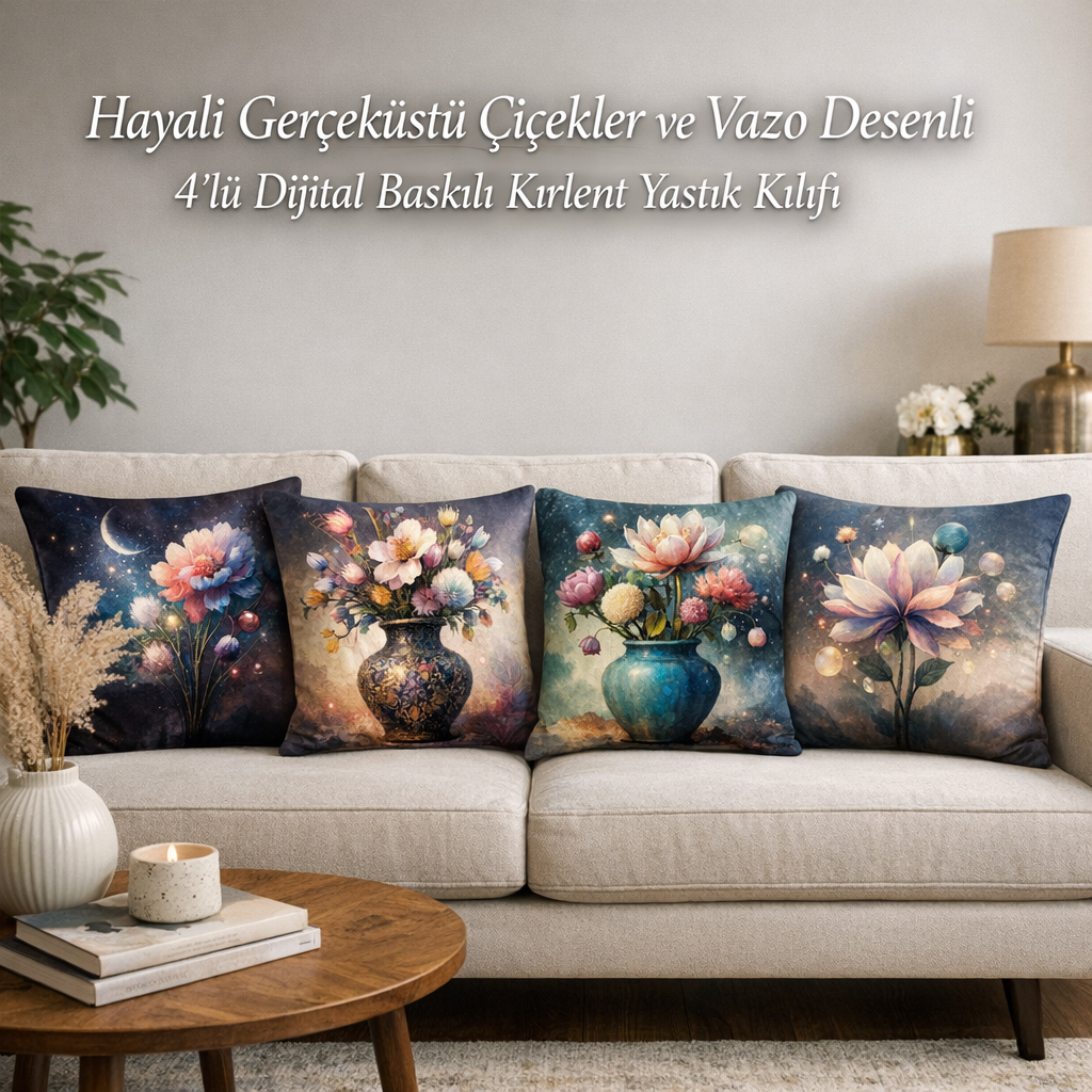 Modern Salonlar İçin Çiçek ve Vazo Desenli 4’lü Kırlent Yastık Kılıfı