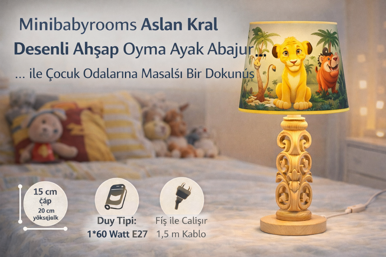 Minibabyrooms Aslan Kral Desenli Ahşap Oyma Ayak Abajur